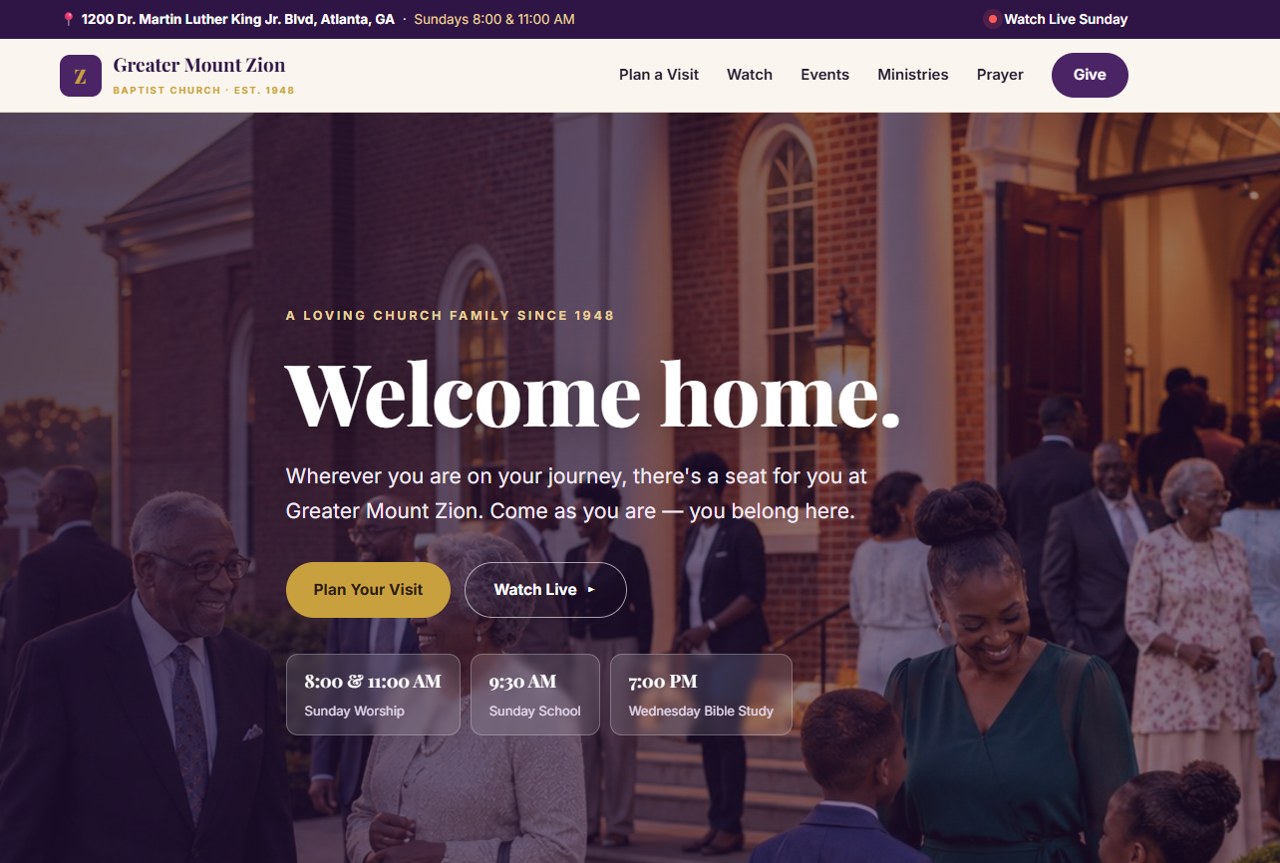Homepage of an example community church website built by Olivia IT Consulting