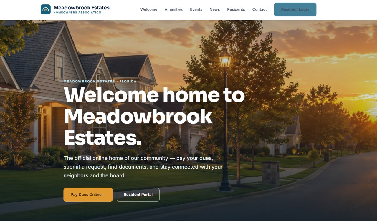 Homepage of an example homeowners association website built by Olivia IT Consulting